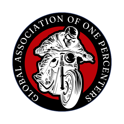 Mark logo for The Global Association of One Percenters circle badge with a biker on a red background in the middle and black background with white text on the outside