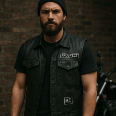 ai generated image of an outlaw motorcycle club prospect in his leather vest stood next to a wall