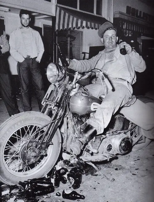 Photo staged for Life Magazine of a biker at Hollister, 1947
