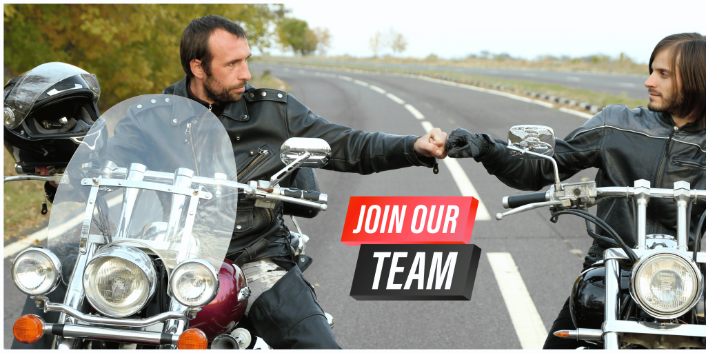 Recruitment 1 two bikers bump fists on open road with join our team text on red and black blocks for the recruitment page at GAOP